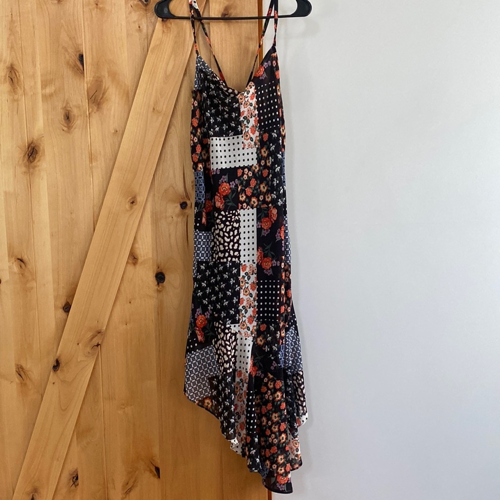 SO Asymmetrical Black Patchwork Floral Slip Dress